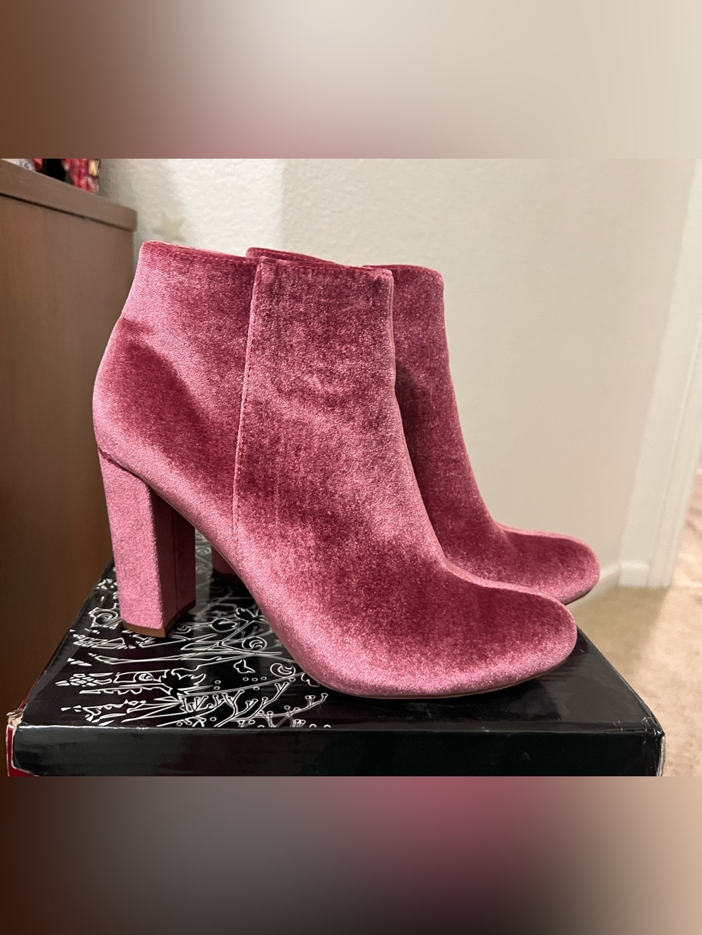 Liliana Blush Velvet Block Heel Ankle Boots
